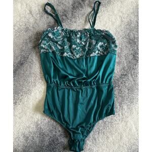 Auden Square Neck Bodysuit Top Emerald Teal Lace Floral Intimate Lingerie Large